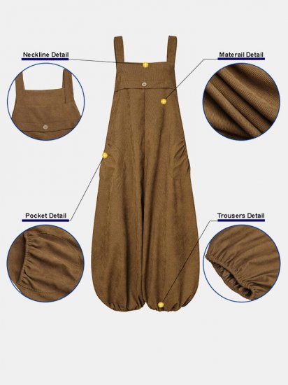 Women Corduroy Solid Color Casual Jumpsuit With Pockets - Click Image to Close