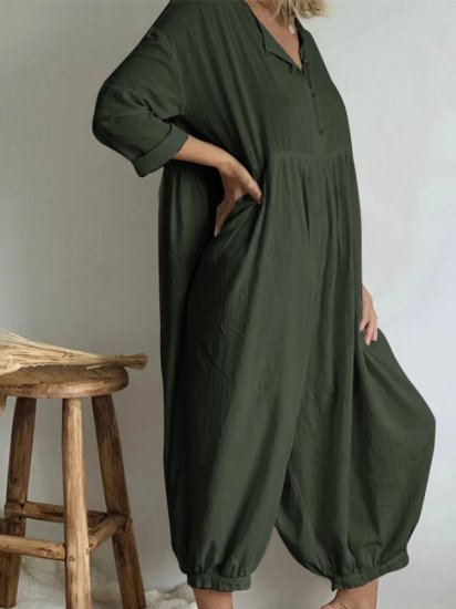 Solid Color Long Sleeves Button Loose Harem Pants Jumpsuit - Click Image to Close