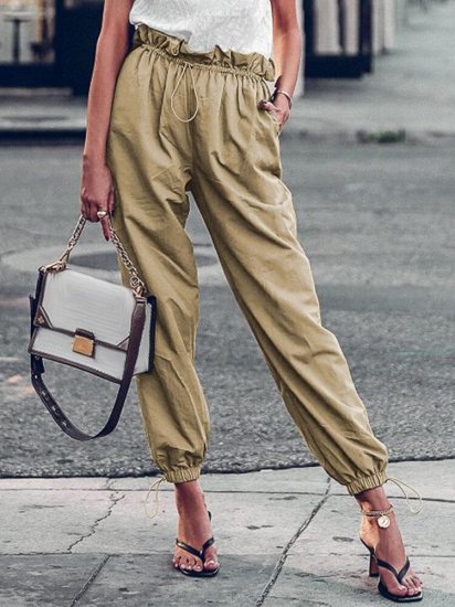 Solid Color Drawstring High Waist Elastic Casual Pants With Pockets - Click Image to Close