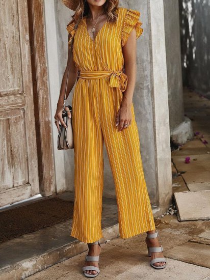 Tie Waist Stripe Sleeveless Wide Leg Jumpsuit For Women - Click Image to Close