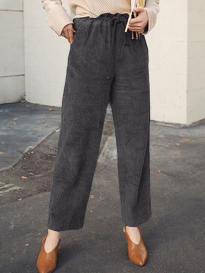 Solid Color Elastic Waist Corduroy Casual Pants For Women - Click Image to Close