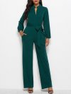 Solid Color Waistband Pocket Long Sleeve Casual Jumpsuit for Women