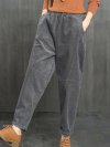 Pockets Solid Color Elastic Waist Casual Corduroy Pants