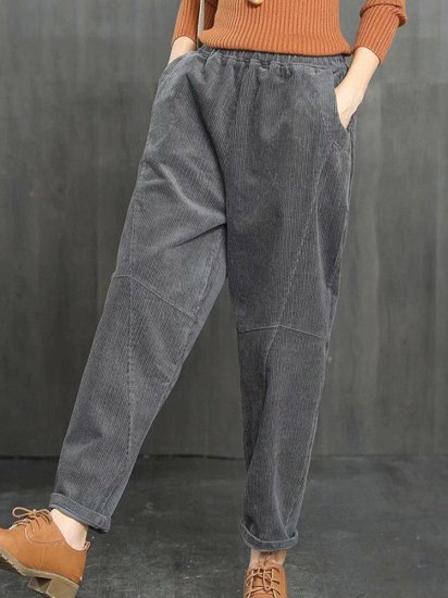 Pockets Solid Color Elastic Waist Casual Corduroy Pants - Click Image to Close