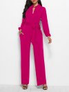 Solid Color Waistband Pocket Long Sleeve Casual Jumpsuit for Women