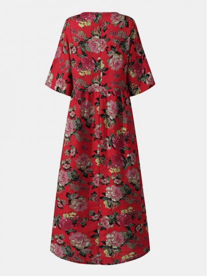 Vintage Floral Printed O-neck Half Sleeve Midi Dress - Click Image to Close