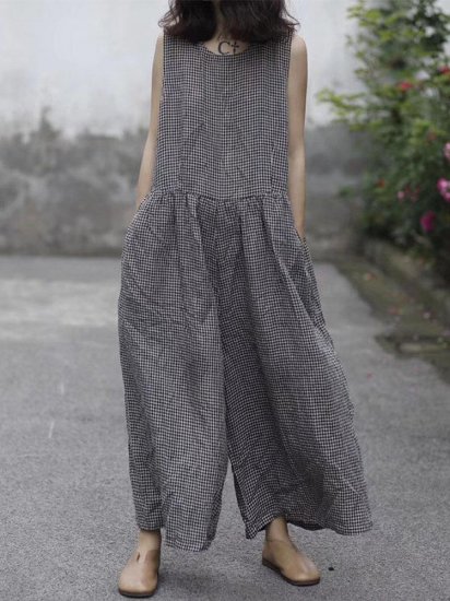 Plaid Wide Leg Sleeveless Baggy Black Overalls Jumpsuit - Click Image to Close