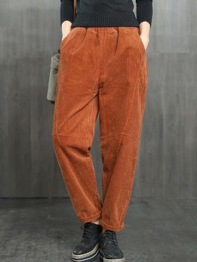 Pockets Solid Color Elastic Waist Casual Corduroy Pants