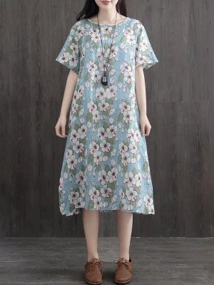 Side Splited Stripe Floral Print Short Sleeve Vintage Dresses