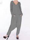 Solid V-neck Long Sleeve Loose Jumpsuit With Pocket