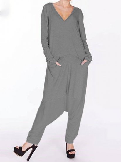 Solid V-neck Long Sleeve Loose Jumpsuit With Pocket - Click Image to Close