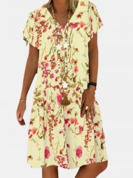 Floral Printed V-neck Short Sleeve Midi Dress