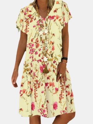 Floral Printed V-neck Short Sleeve Midi Dress