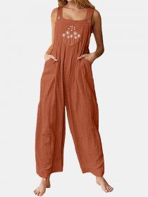 Straps Flower Print Wide Leg Casual Jumpsuit For Women