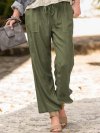 Solid Color Elastic Waist Drawstring Wide Leg Pants With Pocket