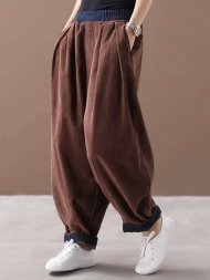 Solid Color Elastic Waist Patchwork Corduroy Harem Pants