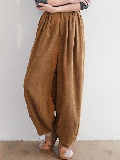 Vintage Corduroy Loose Elastic Waist Solid Pants For Women - Click Image to Close