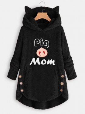 Cartoon Letter Printed Button Irregular Hem Plush Hoodie