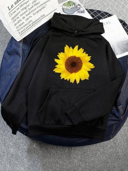 Casual Daisy Floral Printed Long Sleeve Hoodie With Pocket - Click Image to Close