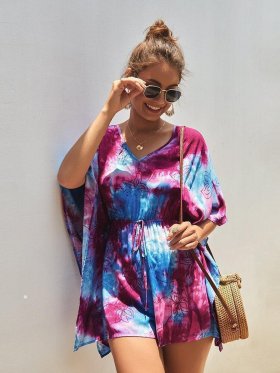 Bohemia Tie-Dye Floral Print Half Sleeves V-neck Casual Jumpsuit For Women