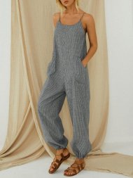 Striped Adjustable Shoulder Strap Loose Jumpsuit With Pocket