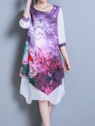 Elegant Print Fake Two Pieces Irregular O-neck Dress For Women