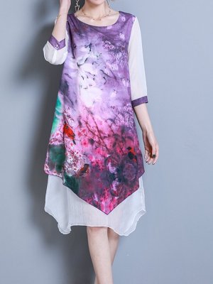 Elegant Print Fake Two Pieces Irregular O-neck Dress For Women