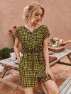 Plaid Print Short Sleeves O-neck Button Causal Jumpsuit For Women