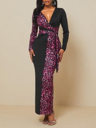 Leopard Printed Long Sleeve V-neck Patchwork Maxi Dress With Belt