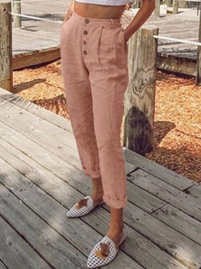 Casual Solid Color Button Pants With Pocket - Click Image to Close