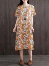 Side Splited Stripe Floral Print Short Sleeve Vintage Dresses