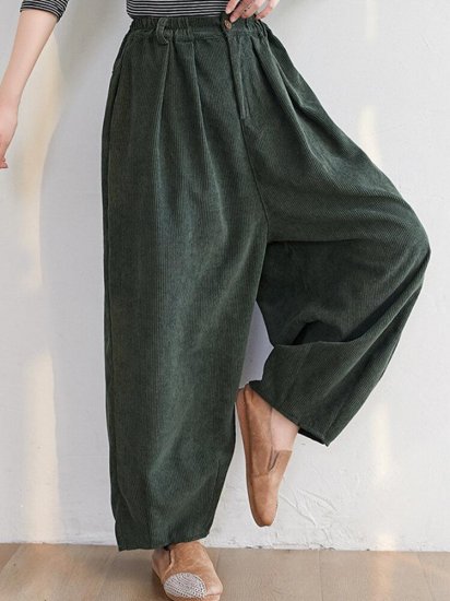 Vintage Corduroy Loose Elastic Waist Solid Pants For Women - Click Image to Close