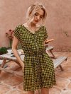 Plaid Print Short Sleeves O-neck Button Causal Jumpsuit For Women