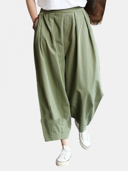 Pleated Solid Color Loose High Waist Casual Pants For Women - Click Image to Close