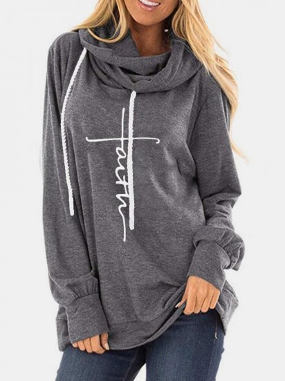 Letters Printed Long Sleeve Casual Drawstring Hoodie - Click Image to Close