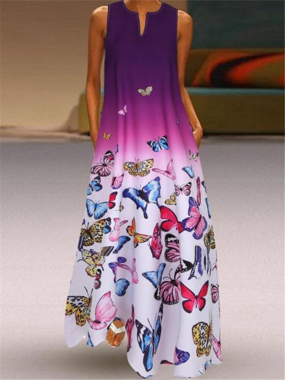 Butterfly Printed Ombre Patchwork V-neck Maxi Dress - Click Image to Close