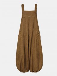 Women Corduroy Solid Color Casual Jumpsuit With Pockets