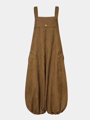 Women Corduroy Solid Color Casual Jumpsuit With Pockets