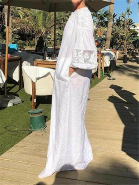 Bohemian Lace Long Sleeve Pockets Maxi Dress