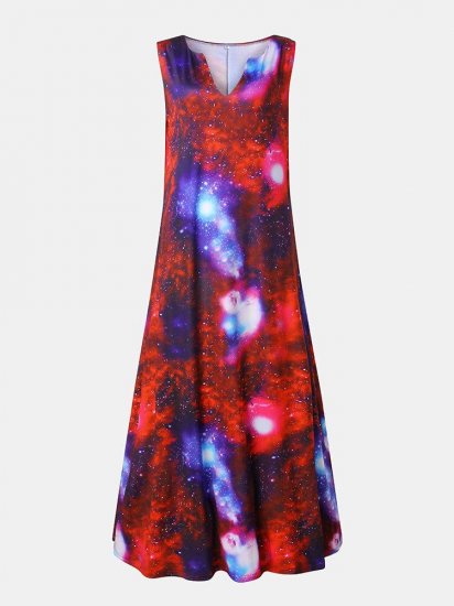 Starry Sky Printed V-neck Sleeveless Maxi Dress With Pocket - Click Image to Close