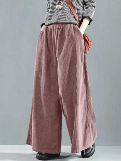 Corduroy Solid Color Elastic Waist Pocket Wide Leg Loose Pants - Click Image to Close