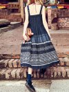 Vintage Print Embroidered Spaghetti Strap Women Dresses