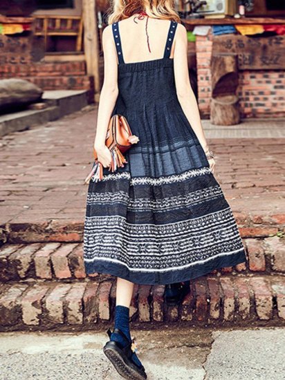 Vintage Print Embroidered Spaghetti Strap Women Dresses - Click Image to Close