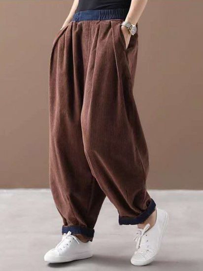 Solid Color Elastic Waist Patchwork Corduroy Harem Pants - Click Image to Close