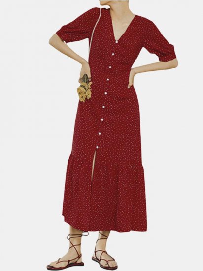 Vintage V-neck Summer Holiday Polka Dot Maxi Dress - Click Image to Close