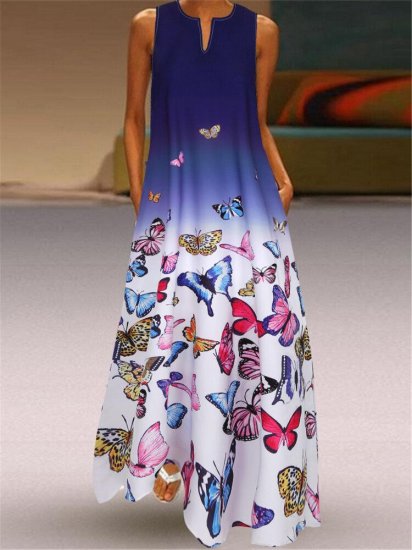 Butterfly Printed Ombre Patchwork V-neck Maxi Dress - Click Image to Close