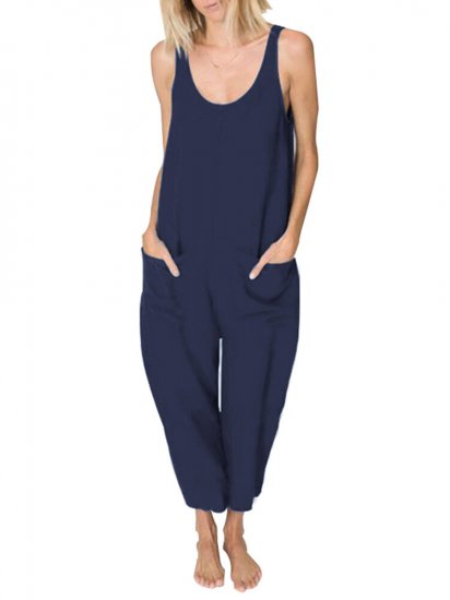 Solid Color Shoulder Strap Loose Jumpsuit With Pocket - Click Image to Close