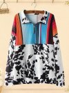 Colorful Striped Print Patchwork Lapel Collar Sweatshirt