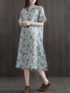 Side Splited Stripe Floral Print Short Sleeve Vintage Dresses