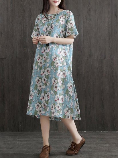 Side Splited Stripe Floral Print Short Sleeve Vintage Dresses - Click Image to Close